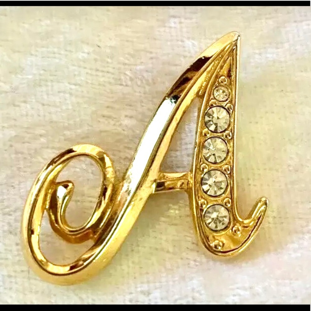 Vtg Avon Gold Rhinestone Initial Letter A Brooch